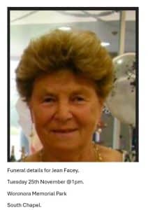 Funeral details for Jean Facey.